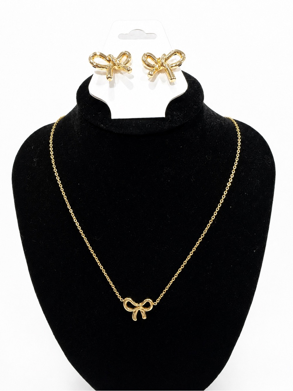 Gold Bow Necklace and Earrings Set - Classic Bow Pendant